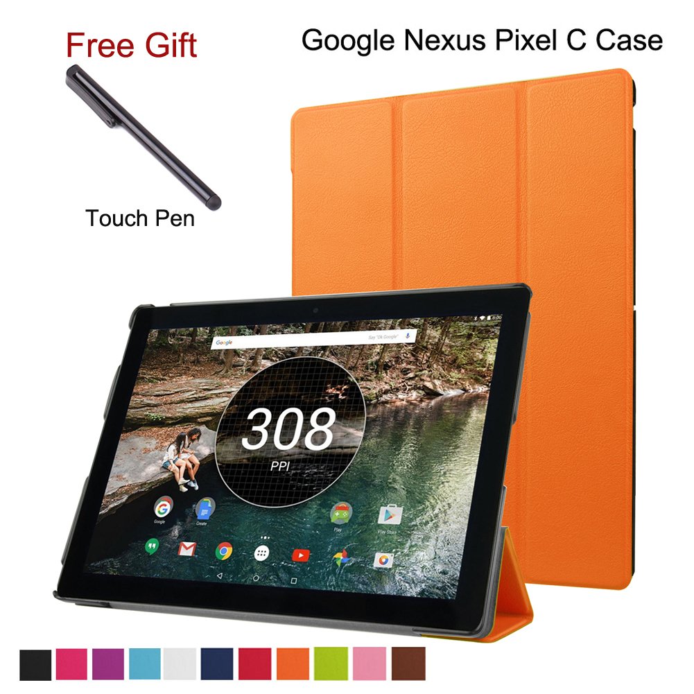 Google Nexus Pixel C Case 10.2 Inch- Tri-fold Multi-angle Stand Tablet Case Ultra-slim Smart Cover Case with Auto Sleep/wake Function for Google Pixel C Tablet(2015) (Orange)