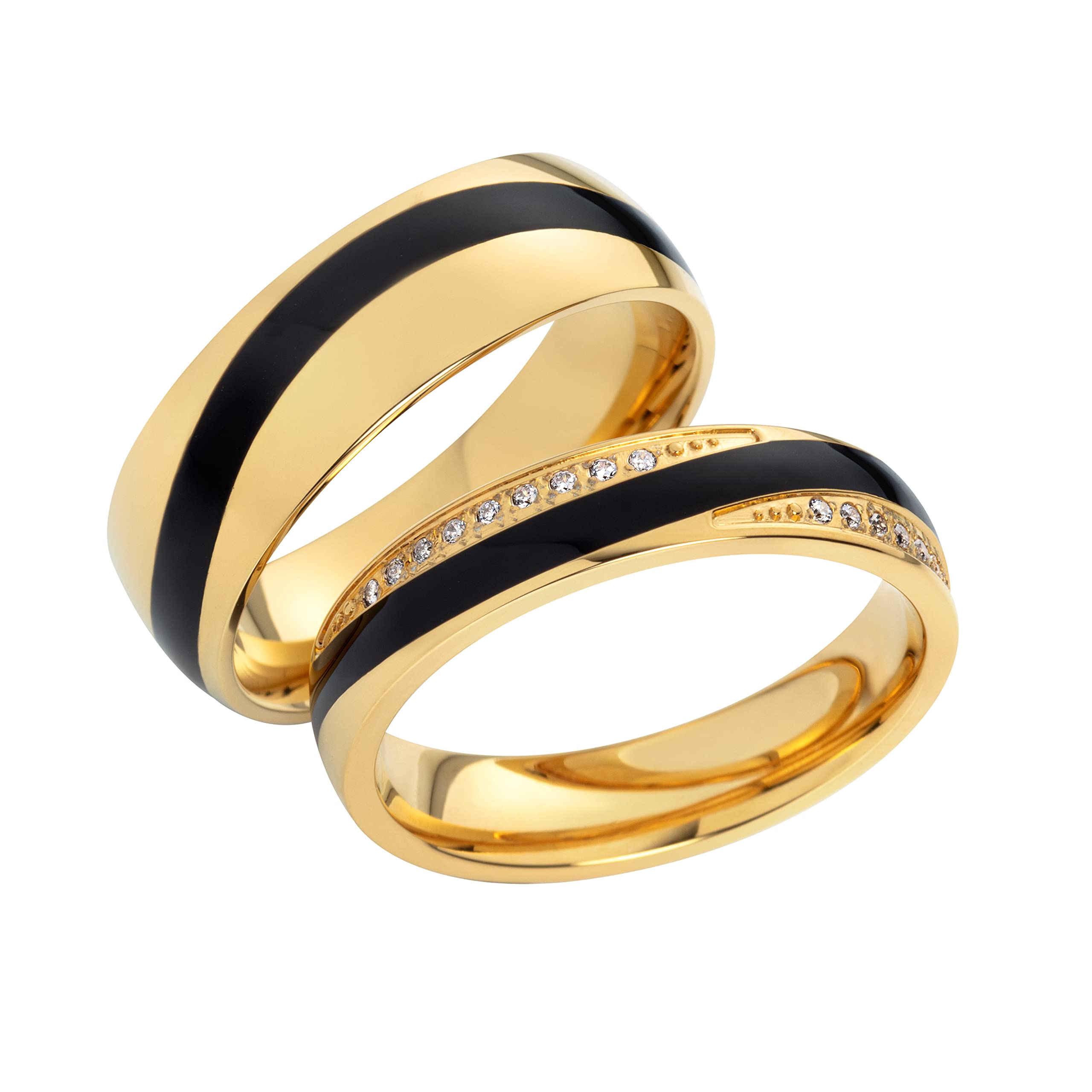 Paar Partnerringe & Eheringe aus Edelstahl mit Emaille Einlage – Ringpaar 5 mm / 7 mm mit Zirkonia & Wunschgravur - Trauringe Freundschaftsringe im Etui | 8016