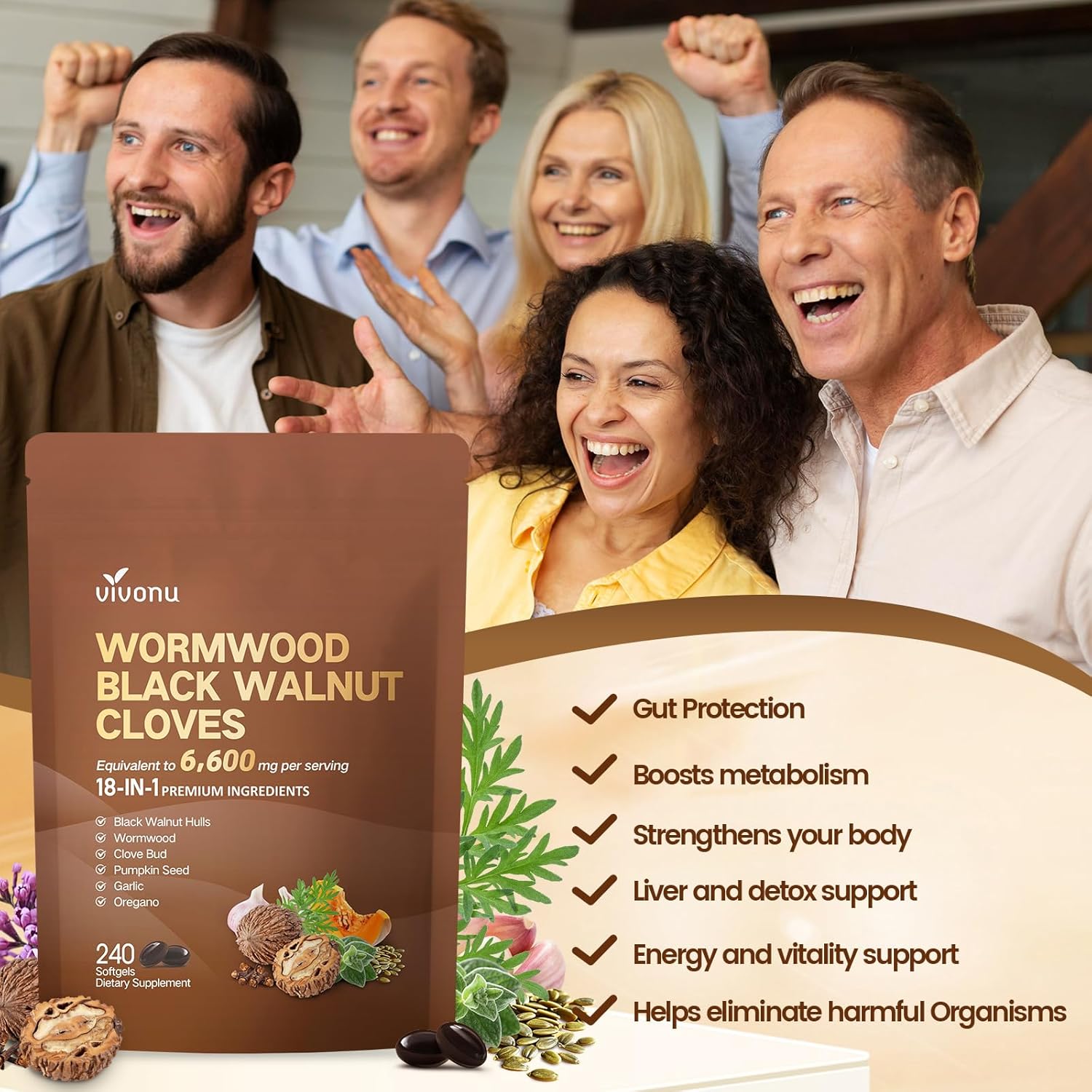 18-in-1 Black Walnut Wormwood Cleanse for Humans, 80 Day Supply, 6600mg Serving, Rapid Gut Cleanse & Digestive Health with Clove, Garlic, Turmeric, Pumpkin Seed, Oregano, Berberine & More 240 Softgels - Image 8