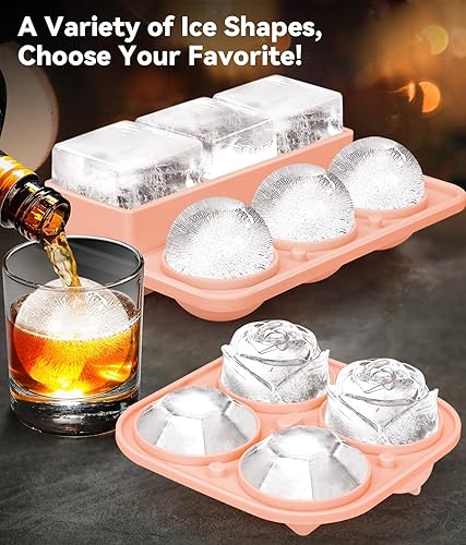 Miniatura 2 de Bandeja para cubitos de hielo con tapa, moldes de hielo de silicona con redondo, cuadrado, diamante, rosa, molde grande para cubitos de hielo para