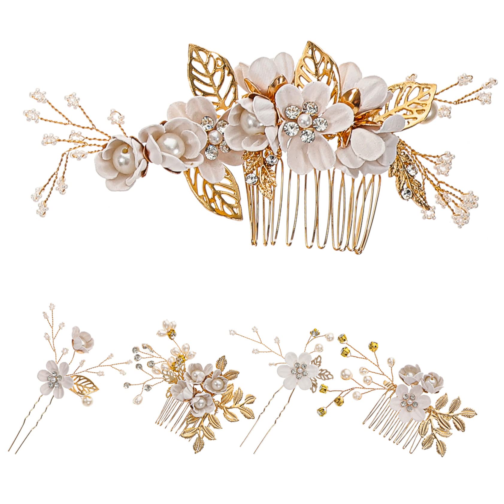 LALAFINA 2sätze Perlenblüten-haarspange Und Haarkamm Eleganter Brautkopfschmuck Für Hochzeiten Feste Und Besondere Anlässe Teiliges Mit Goldakzenten Handgefertigt Langlebig Und