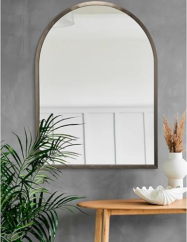 Miniatura 124 de Espejo de pared arqueado negro con marco de aleación de aluminio, espejo de baño de metal cepillado, espejo montado en la pared para sala de estar