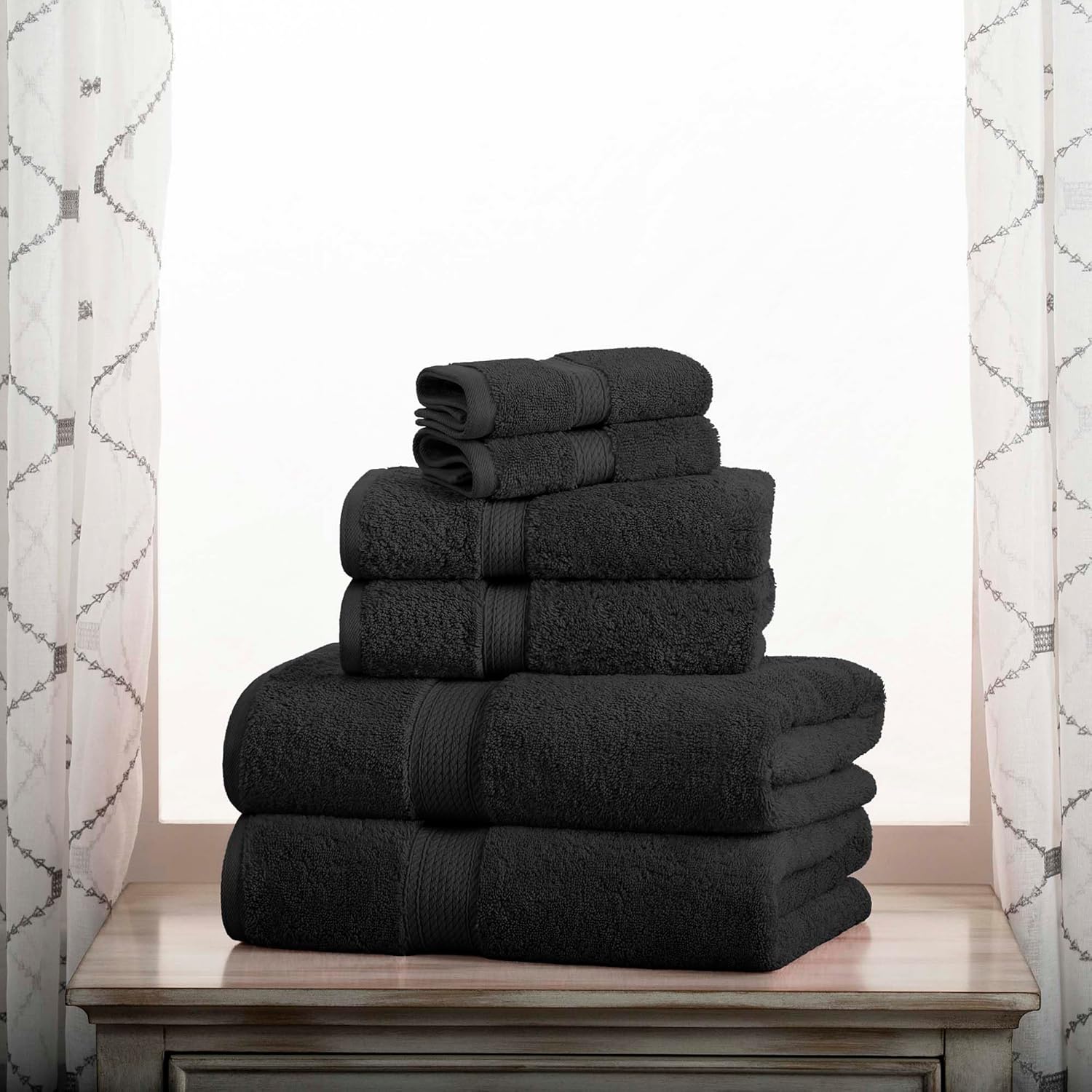 superior egyptian cotton pile 6 piece towel set, includes 2 bath, 2 hand, 2 face towels/washcloths, ultra soft luxury towels, thick plush essentials, guest bath, spa, hotel bathroom, black black 6 piece towel set