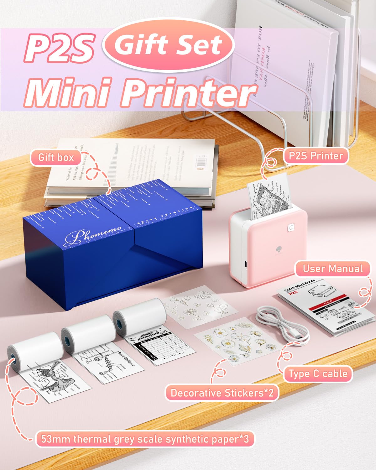 Phomemo Mini drukarka termiczna, przenośna drukarka fotograficzna P2S 300 DPI do smartfonów z 3 rolkami papieru, kompatybilna z systemami iOS i Android, do robienia zdjęć i notatek na prezenty