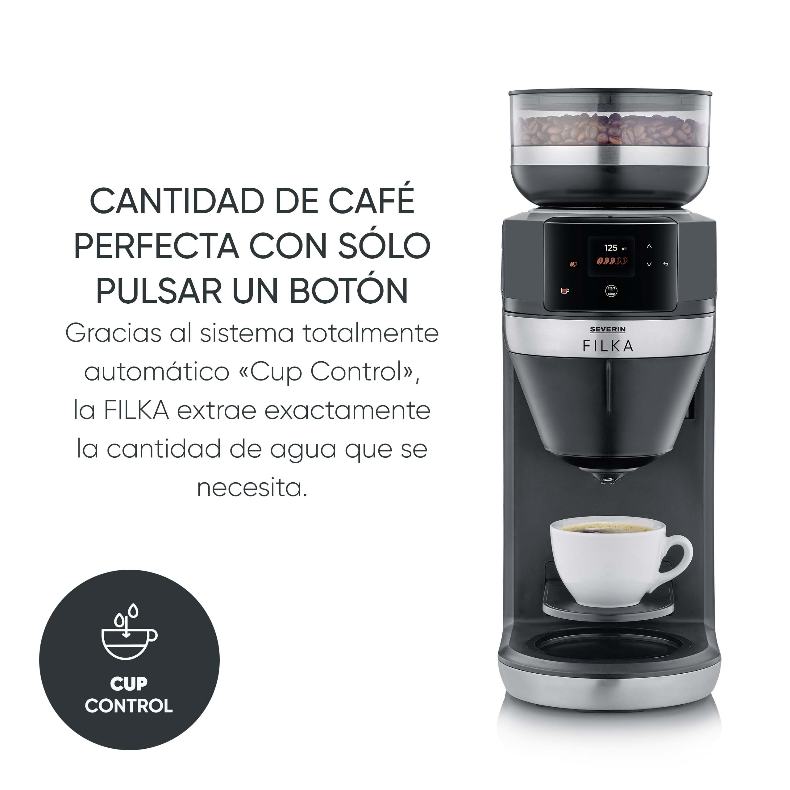 SEVERIN FILKA, cafetera de filtro totalmente automática, cafetera de filtro 5 en 1 con pantalla LED, molinillo, con jarra termo, negro mate/acero inoxidable, KA 9695