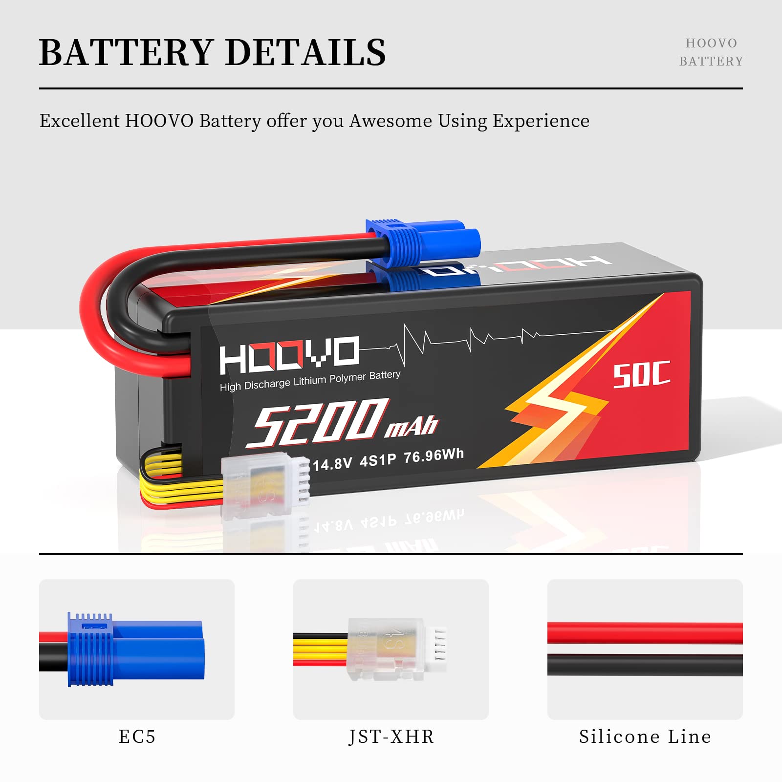 HOOVO Batteria Lipo 4S 14,8 V 50 C 5200 mAh RC con spina EC5 per RC Buggy Truggy Crawler Monster Car Boat 1 confezione