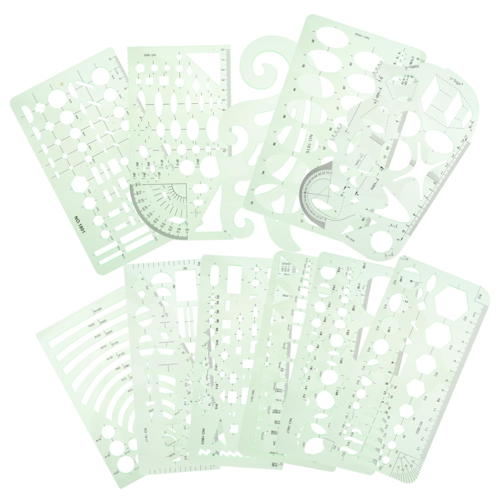 SHINEOFI Set 11 Pezzi di Righelli Geometrici in Plastica Verde Custodia per Disegno Tecnico e Design Artistico, per Studenti e Scuola