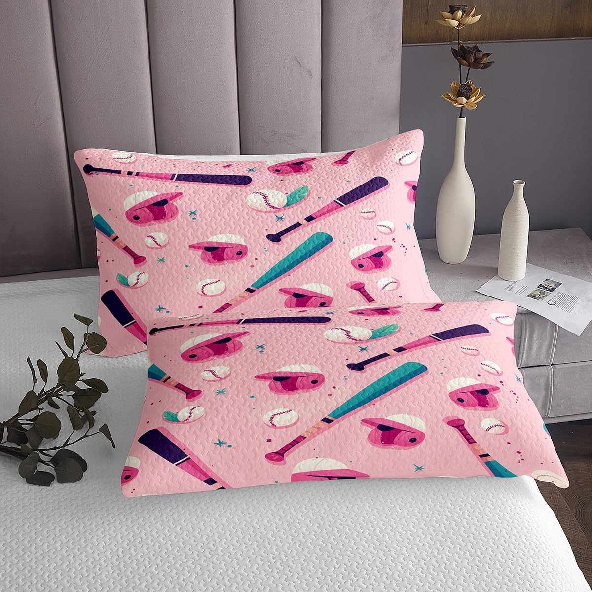 Homewish Cartoon Baseball Bedspread Twin Size,Ball Sport Games Bedding Sets 2Pcs for Kids Girls Boys Teens Room Decor,Baseball Cap Bat Print Comforter Set Modern Chic Quilt Coverlet,1 Pillowcase