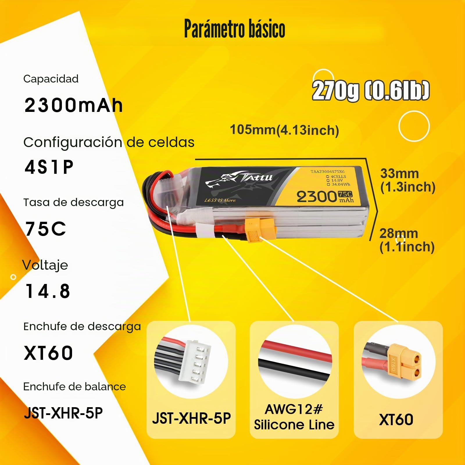 Tattu 4S LiPo 2300mAh 75C 14.8V Batería para FPV Racing, Quadricópteros, Helicópteros, Aviones RC y Barcos RC