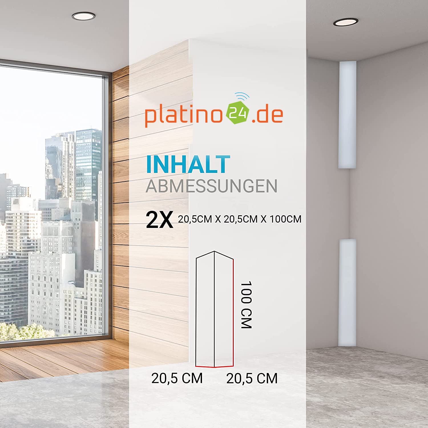 platino24 Bass-Trap Eck- und Breitbandabsorber 2-teilig – 1m – Weiß | Schalldämmung für Raumecken – aus Basotect B – 205x205x1000mm – Ideal für Büro, Studio & Besprechungsräume