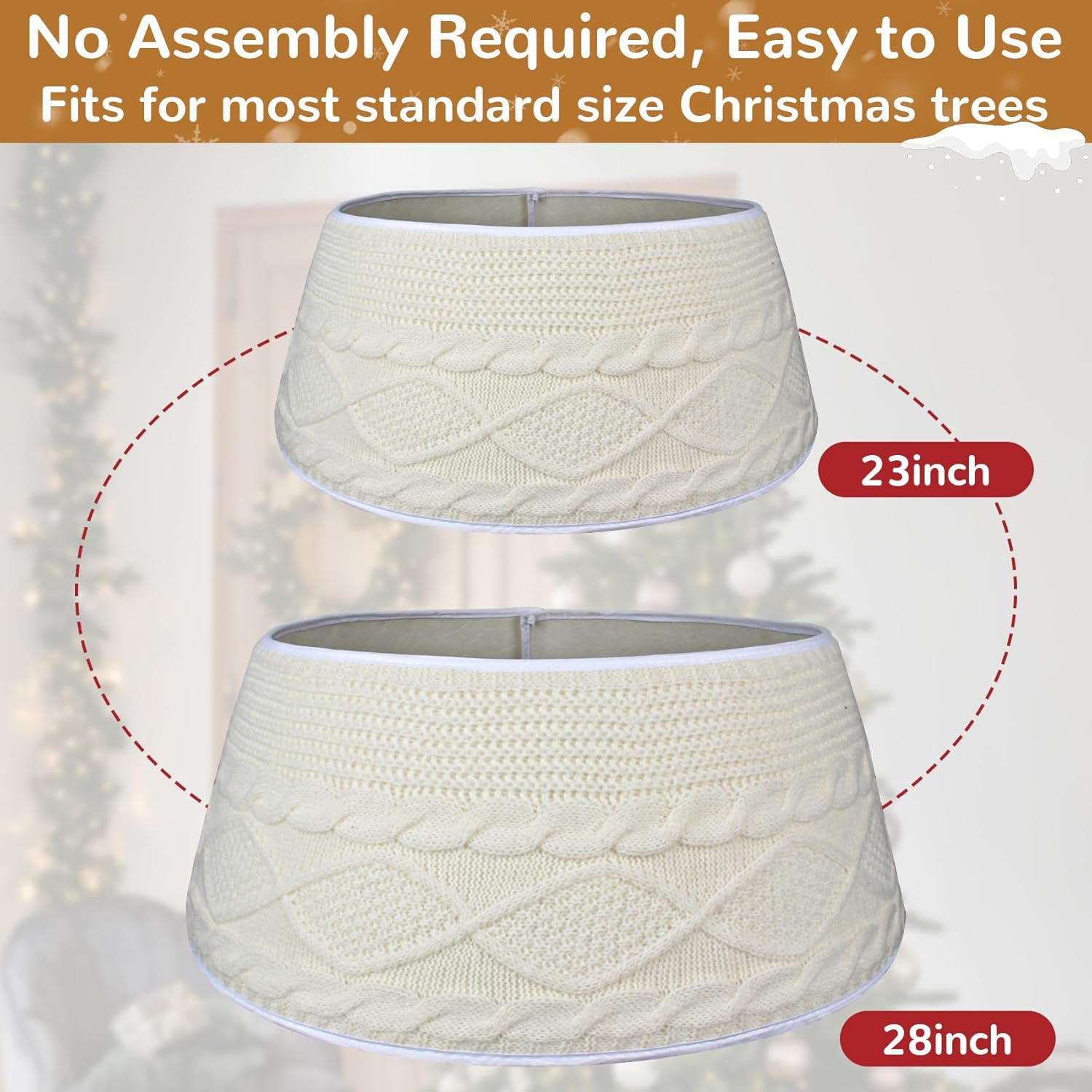 Knitted Christmas Tree Collar 28" D, Cream White Tree Collar for Artificial Trees, Christmas Tree Ring Skirt for 9 Ft Tree Decorations