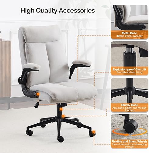 Miniatura 8 de VINGLI Silla de escritorio de oficina ergonómica con brazos abatibles acolchados, silla de computadora ejecutiva giratoria de 360 con respaldo alto
