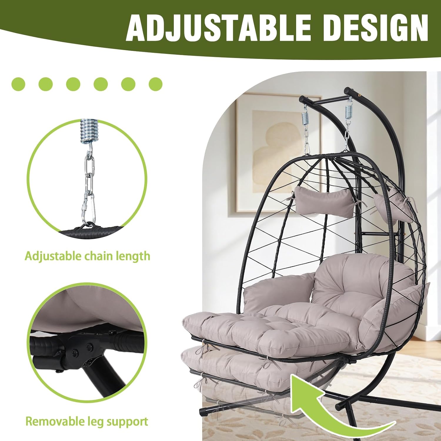 Double Outdoor Egg Chair with Stand, 2 Person Hanging Egg Chair with Adjustable Footrest, Wicker Egg Swing Chair with Thickened Cushions for Backyard Garden, 660Lbs (Black Frame Light Gray Cushion)