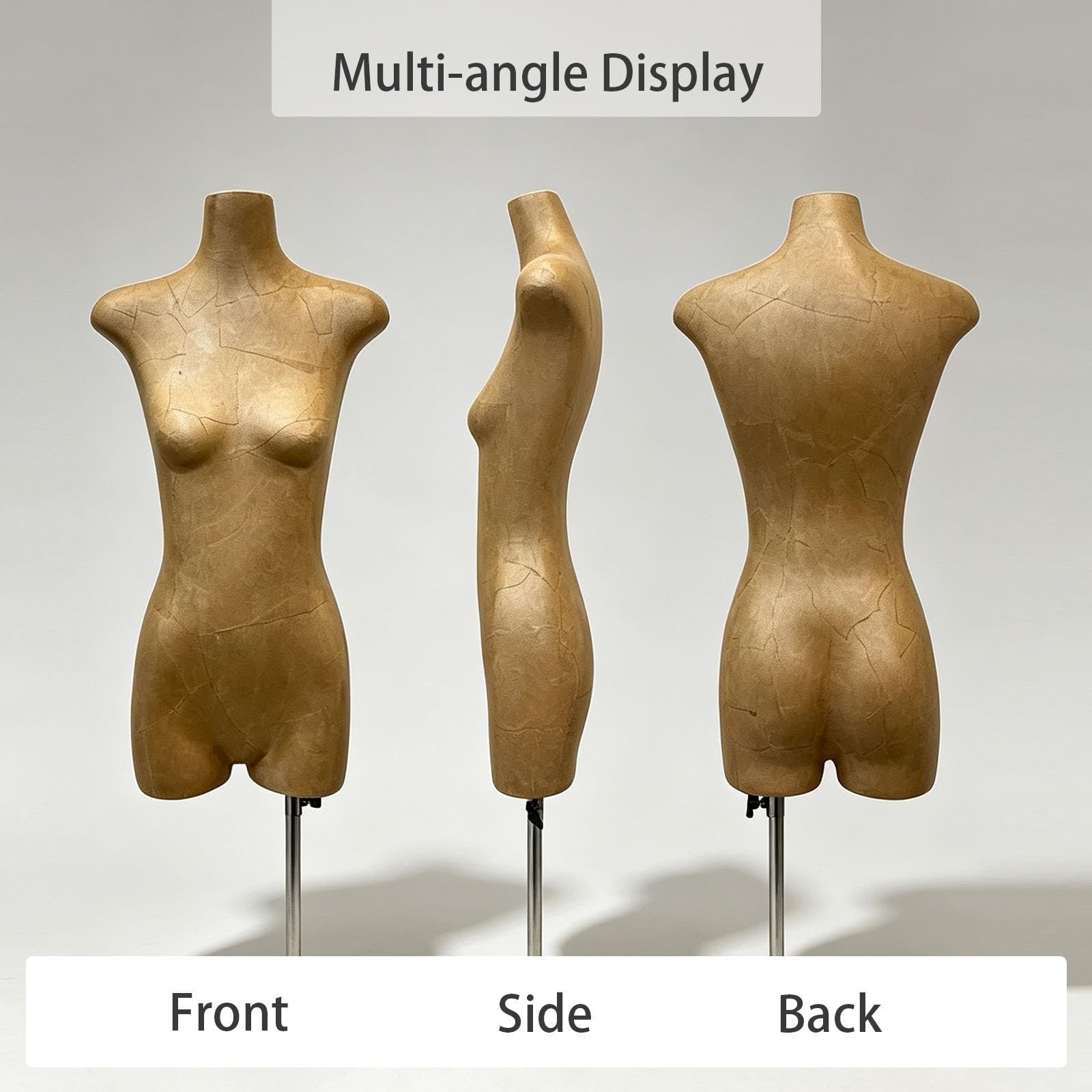 Manichino Torso Schiena Piatta Carta Kraft, Forma Altezza Regolabile Busto | Manichino in Fibra di Vetro, Base Rotonda o Quadrata Metallica, Ideale Vetrine, Esposizioni Abbigliamento(Square)
