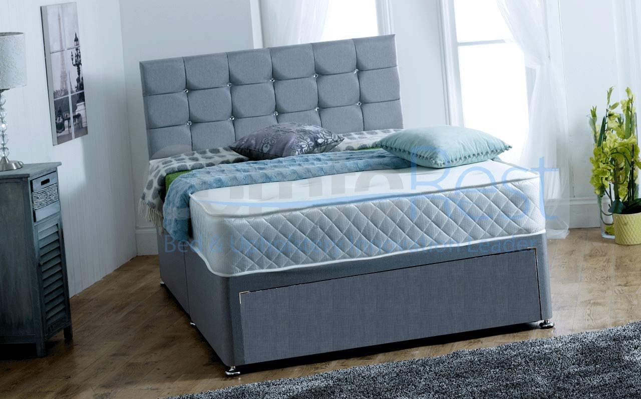 4FT6 Double FOOT JAMBO DRAWER Paris Grey Fabric Divan Bed Set, Memory Mattress and headboard.UK