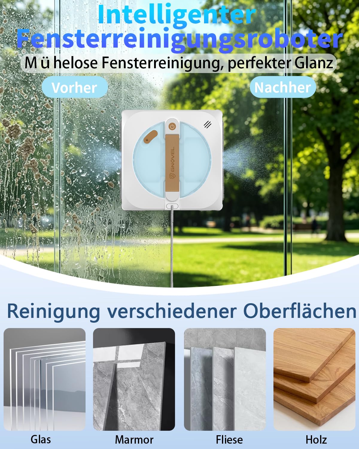 Fensterroboter, 10000Pa Saugkraft, 4-in-1 Modi, Sprühtechnik&Sicherheitssystem für Glasflächen