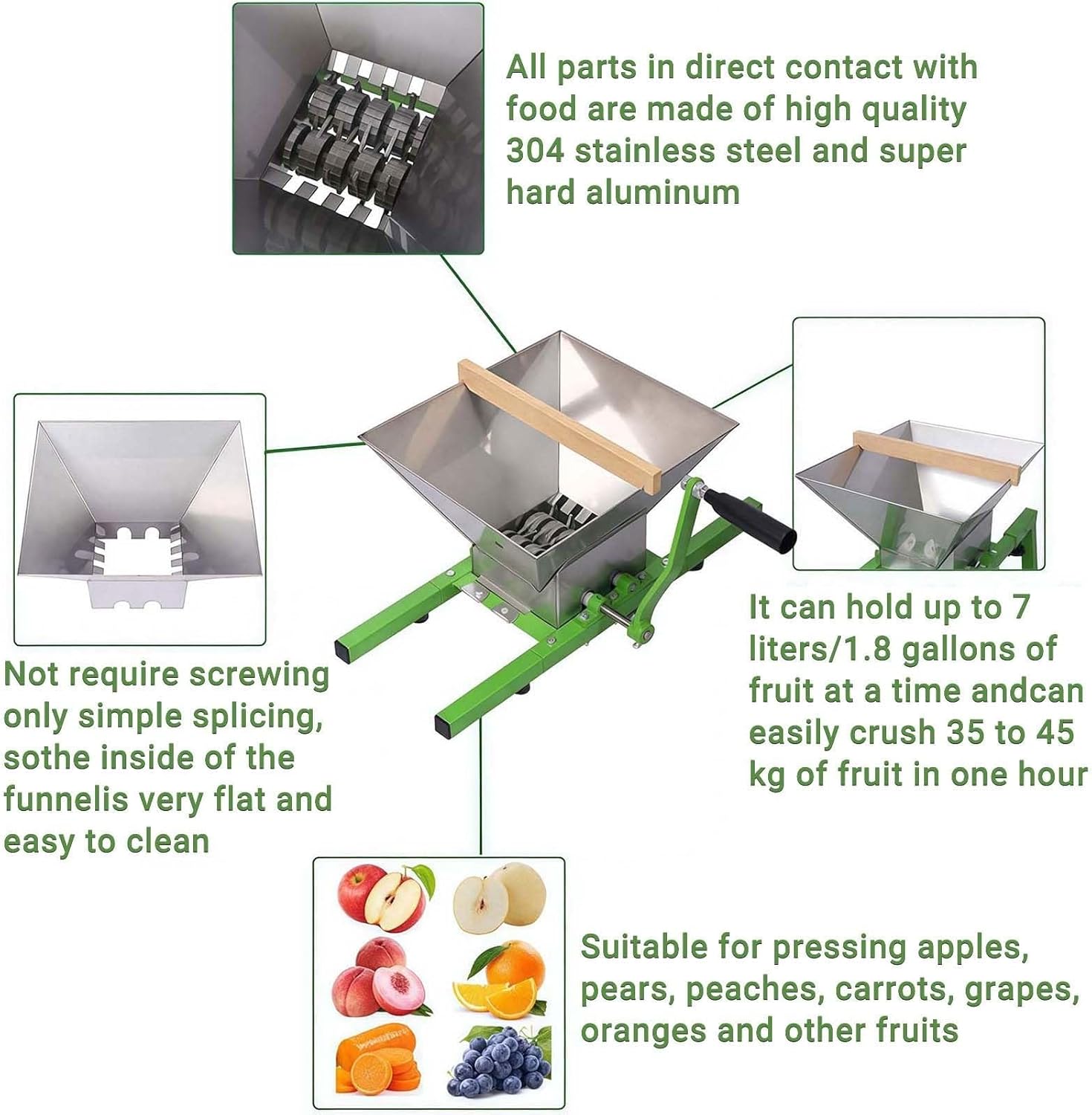 Manual Fruits Vegetables Crusher, Stainless Steel Fruit Grinding Breaking Machine with 7L Capacity, Portable, Hand Crank Grape Grinder (Apple Crusher)