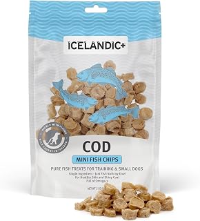 Icelandic+ Mini Cod Fish Chips Dog Treats - 2.5oz Wild-Caught Air-Dried Single Ingredient Crunchy Snacks for Healthy Skin & Coat