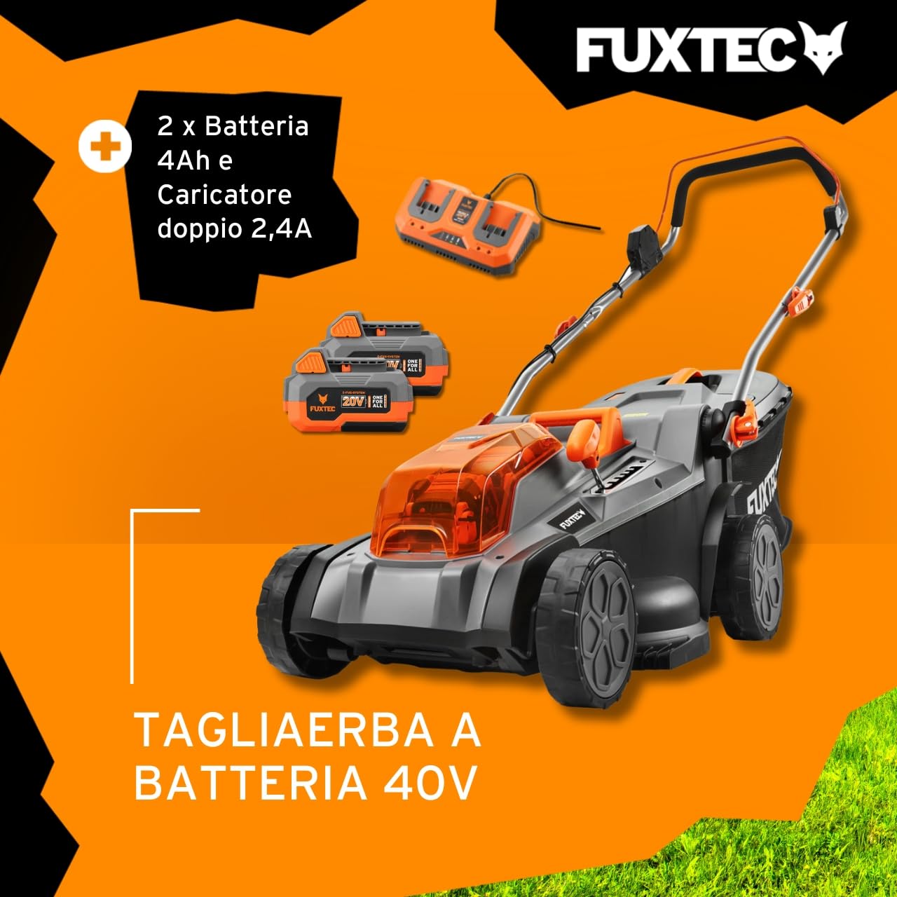 Tagliaerba Elettrico a Batteria FUXTEC E2RM37-40V (2x20V), Larghezza di Taglio 37cm, Altezza Regolabile, Senza Fili – Set con Batteria e Caricabatterie Inclusi