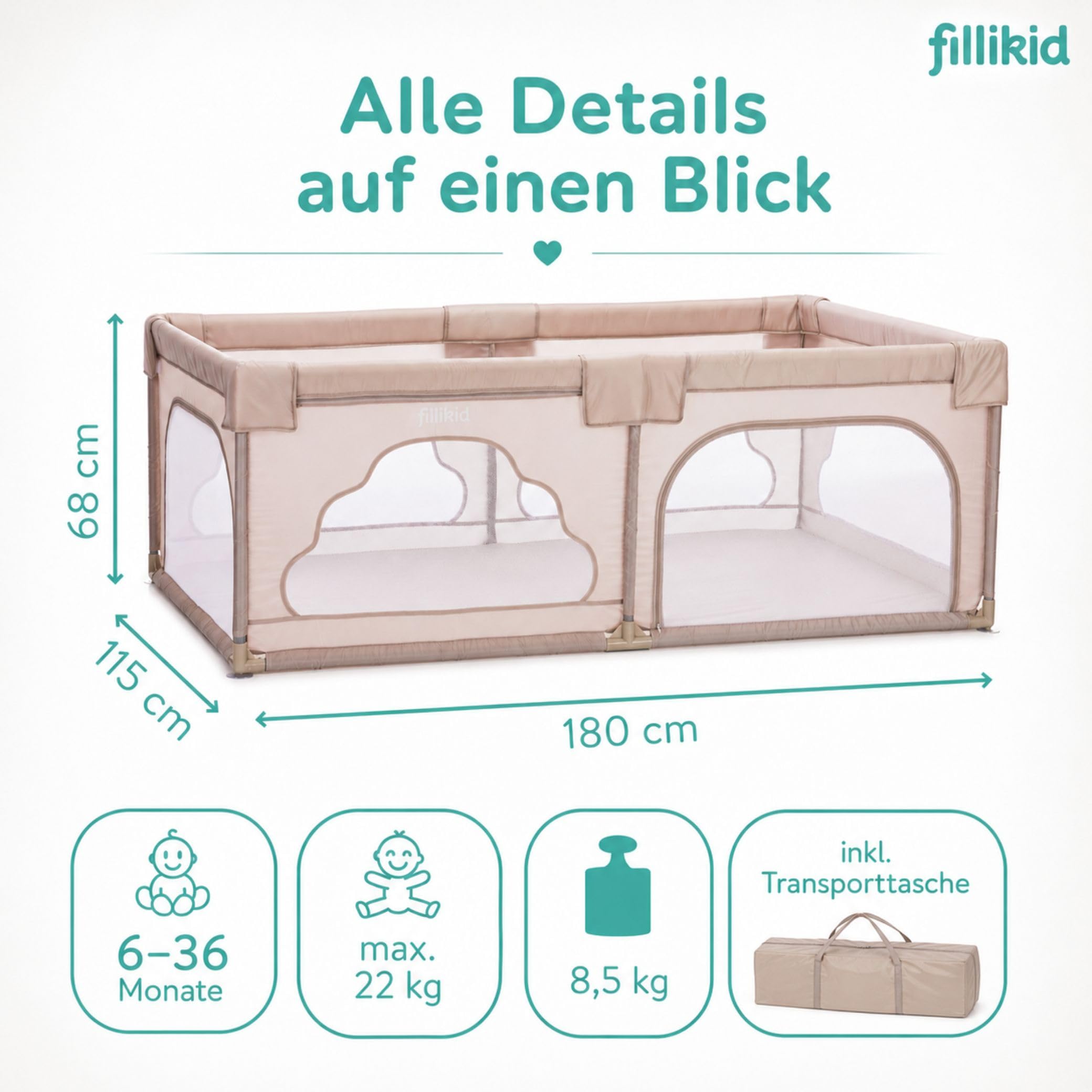 Fillikid Laufgitter Perth 115x180 cm Baby Laufstall XXL Metall