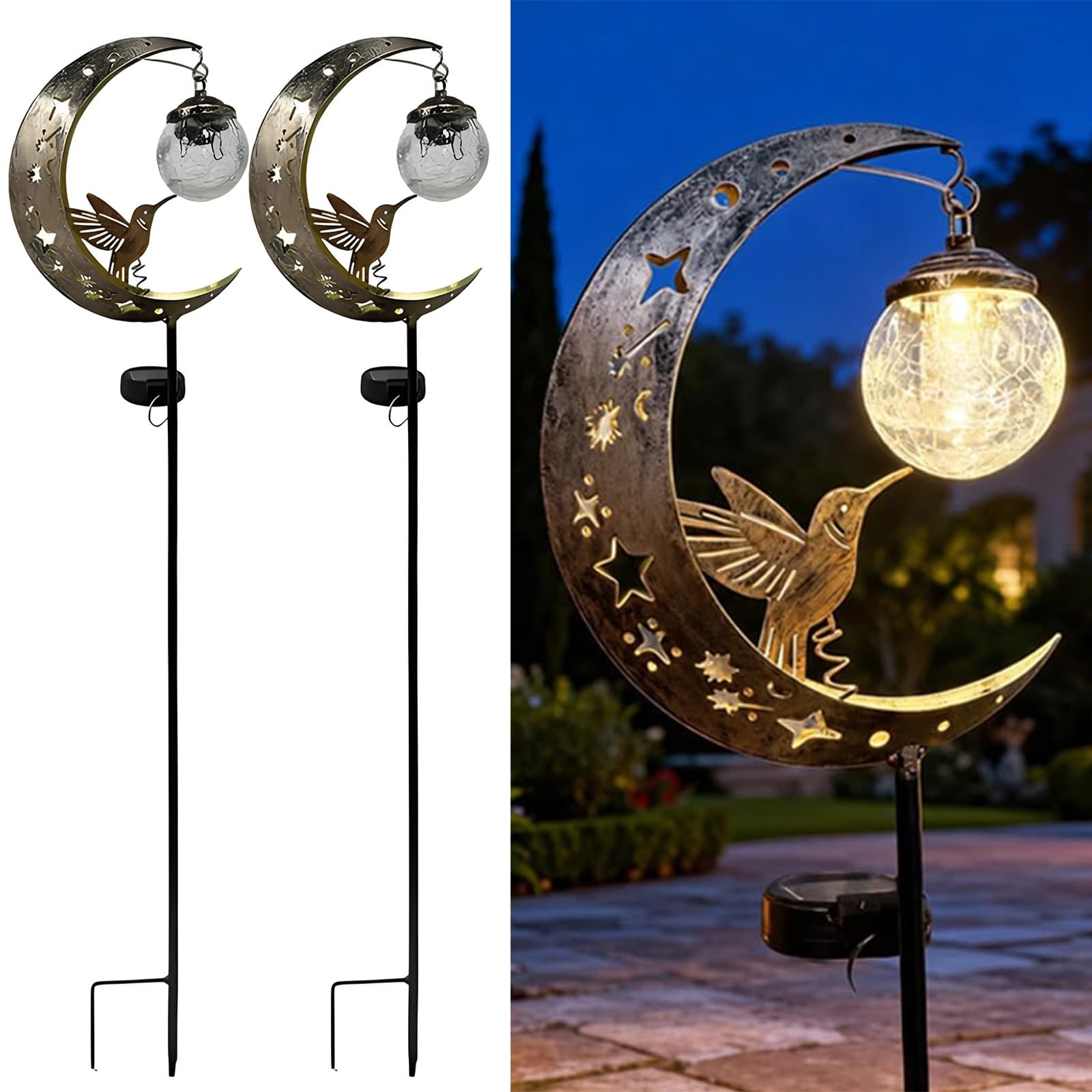 TAZIZI Hummingbird Moon-Solar Garden Stake LED Light, Solar Garden Decor, Metal-Crescent with Crackle Hanging Glass Ball Stake Light, Waterproof-Decorative Lights for Outdoor Pathway Yard Patio Decor