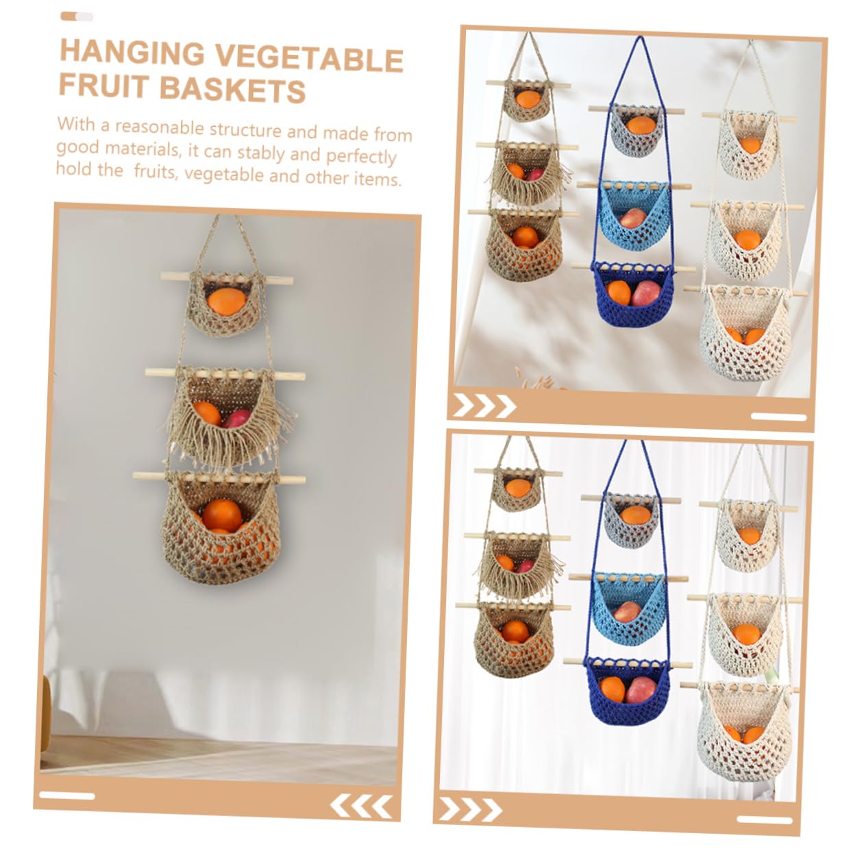 Panier Fruits Suspendu 3 Étages Unic – Corde Coton Tressée Main, Boho Naturel, Rangement Cuisine 120 Cm, 20/25/30 Cm