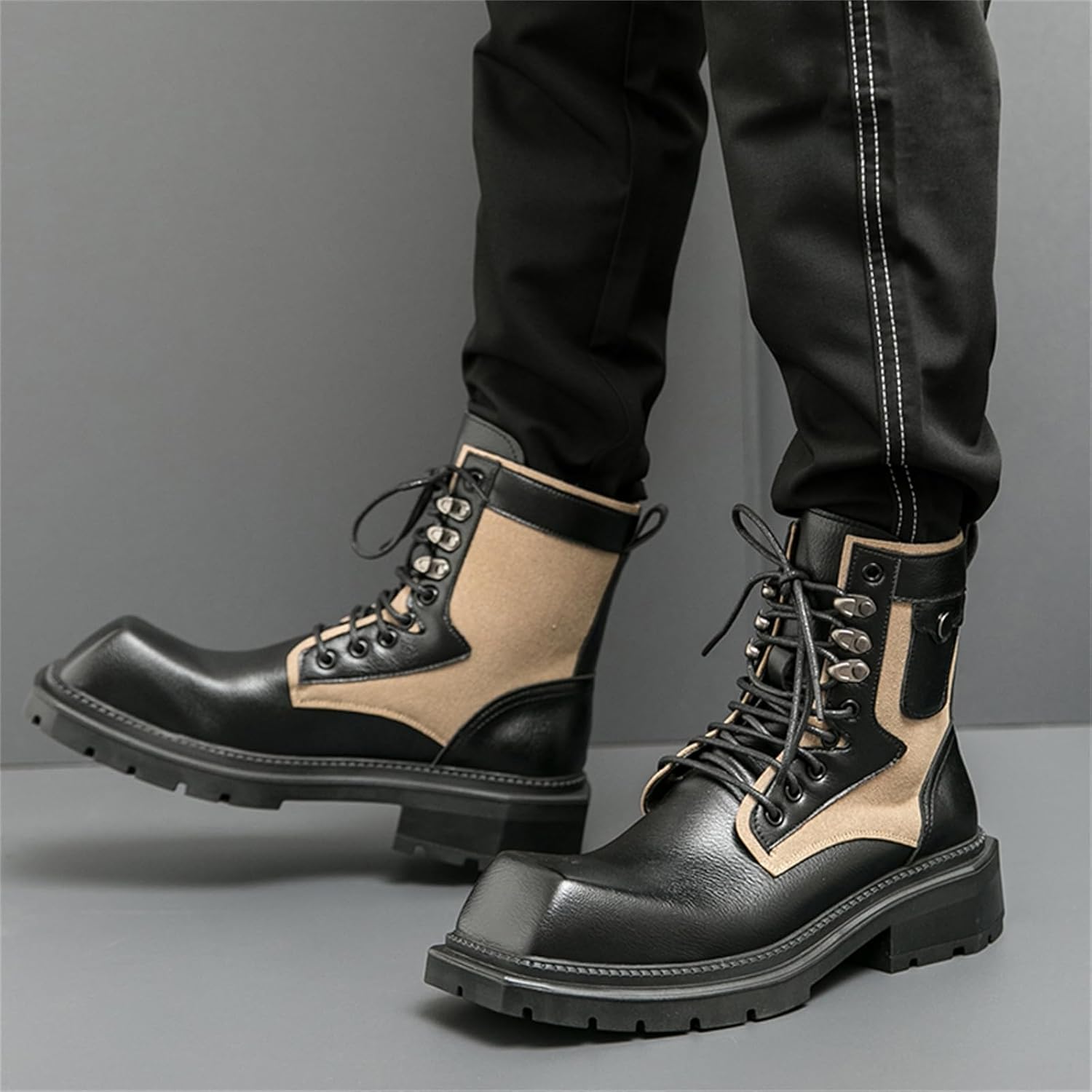 Mens Leather Lace-Up Chunky Platform Heels Chukka Ankle Boots Casual Non-Slip Square Toe Dress Combat Boot for Walking Formal Business - Image 6