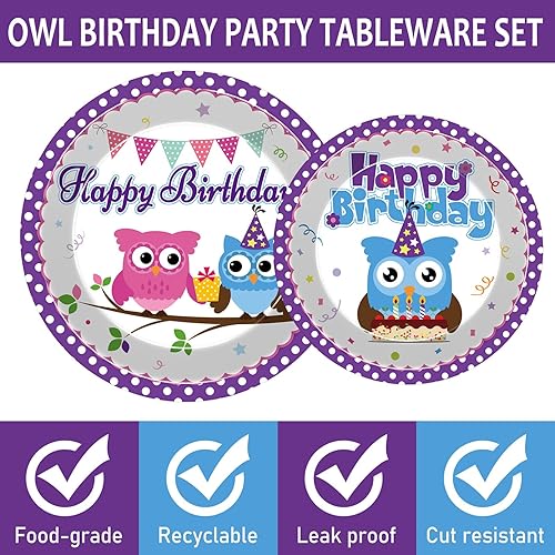 Miniatura 3 de 96 piezas de suministros para fiesta de cumpleaños con temática de búho, platos de papel con temática de búho, servilletas, decoración de fiesta de