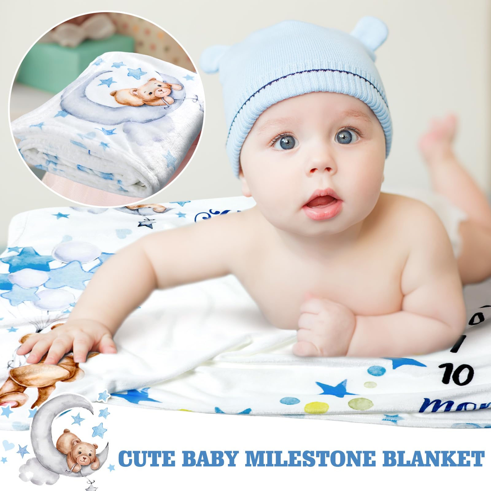 Mindsoft Śpiący miś, miesięczny koc z kamieniem milowym, niedźwiedź, gwiazda, balon, flanelowy, kocyk dla chłopca, noworodka, do przewijania, tabela wzrostu, koc niemowlęcy z ramą, dla chłopców i