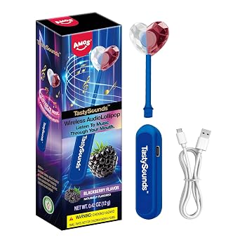 Amos TastySounds Wireless Audio Music Lollipop - Bone Conduction Music Lollipop with Natural Blackberry Flavor, Private Listening Experience, Premium Gift Packaging for Tech Lovers & Adults 1 Pack