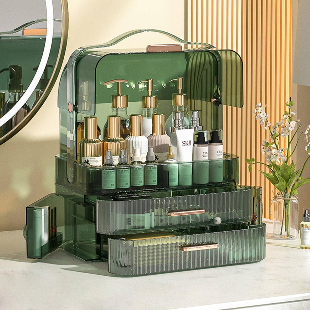 Makeup Storage Organizer Skincare Organizer Jewelry Cosmetics Storage and Display Case Makeup Holders for Countertop Bathroom Organizer with Lid ＆ Drawers Green