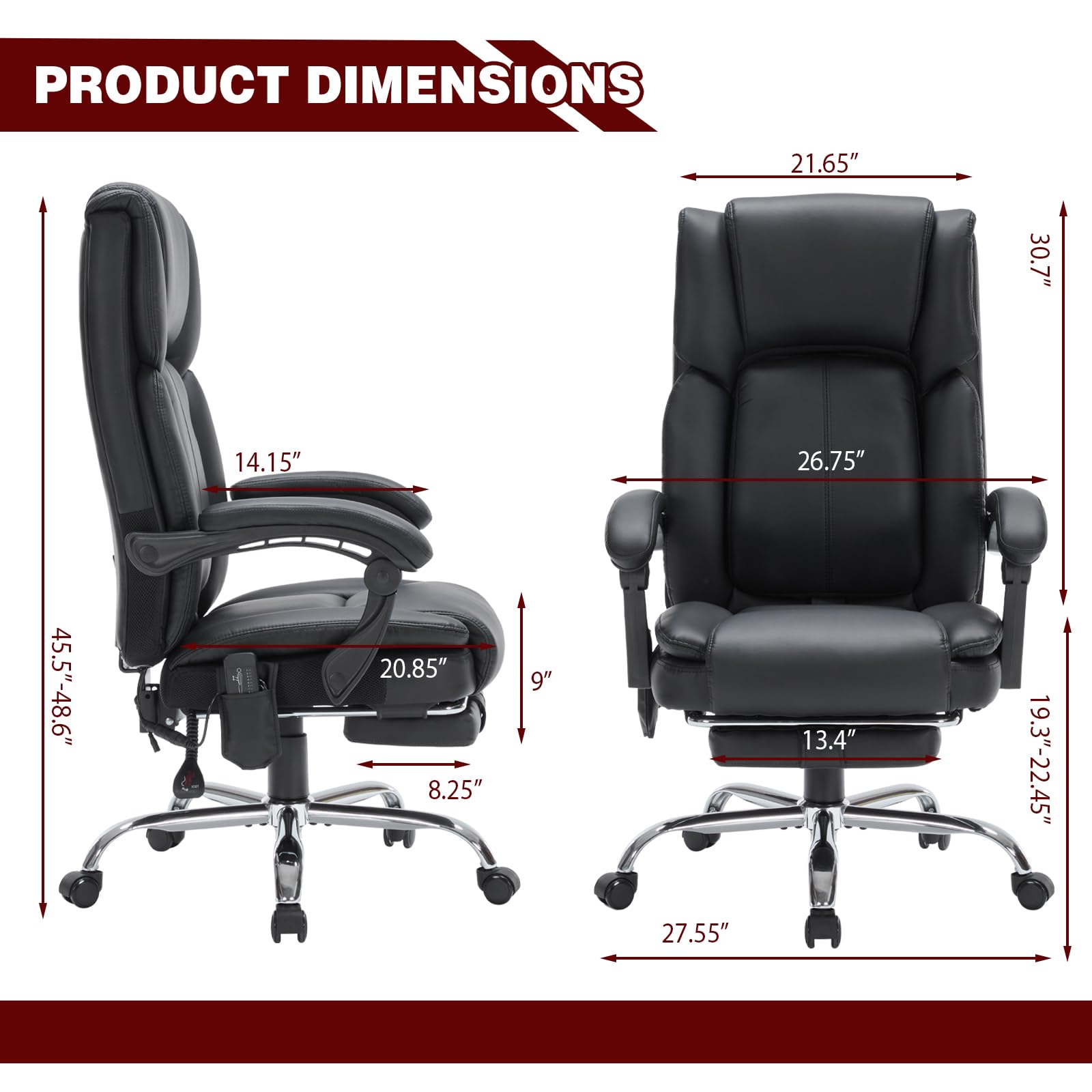 Massage Office Chair with Heat Executive Desk Chairs with Foot Rest Reclining Chair Big and Tall for Heavy — view 3