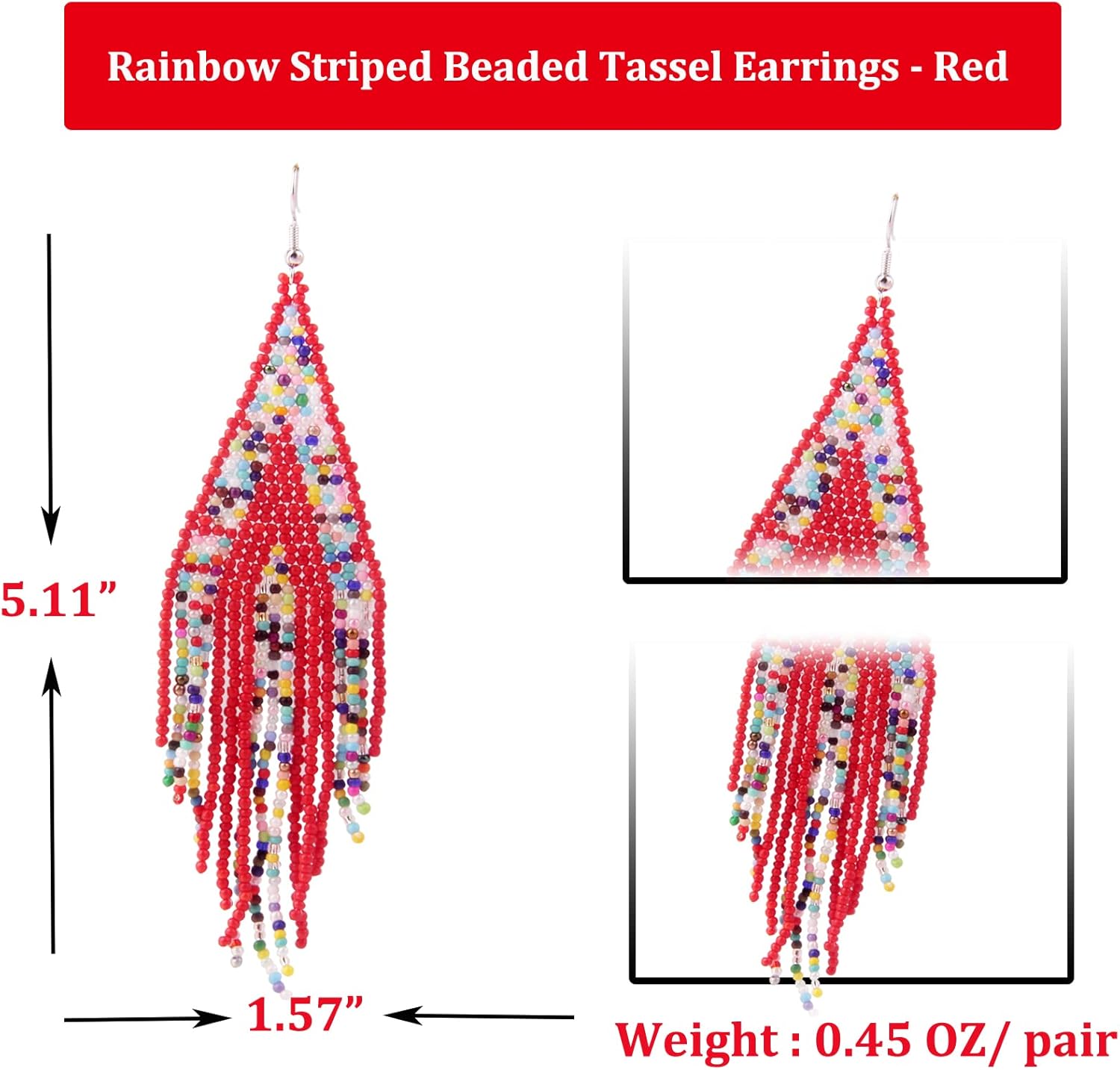 Long Beaded Tassel Earrings – Classic Rainbow Striped Beaded Dangle Fringe Earrings, Bohemian Seed Bead Drop Statement Earrings, Idea for Women, Wedding Party - Image 3