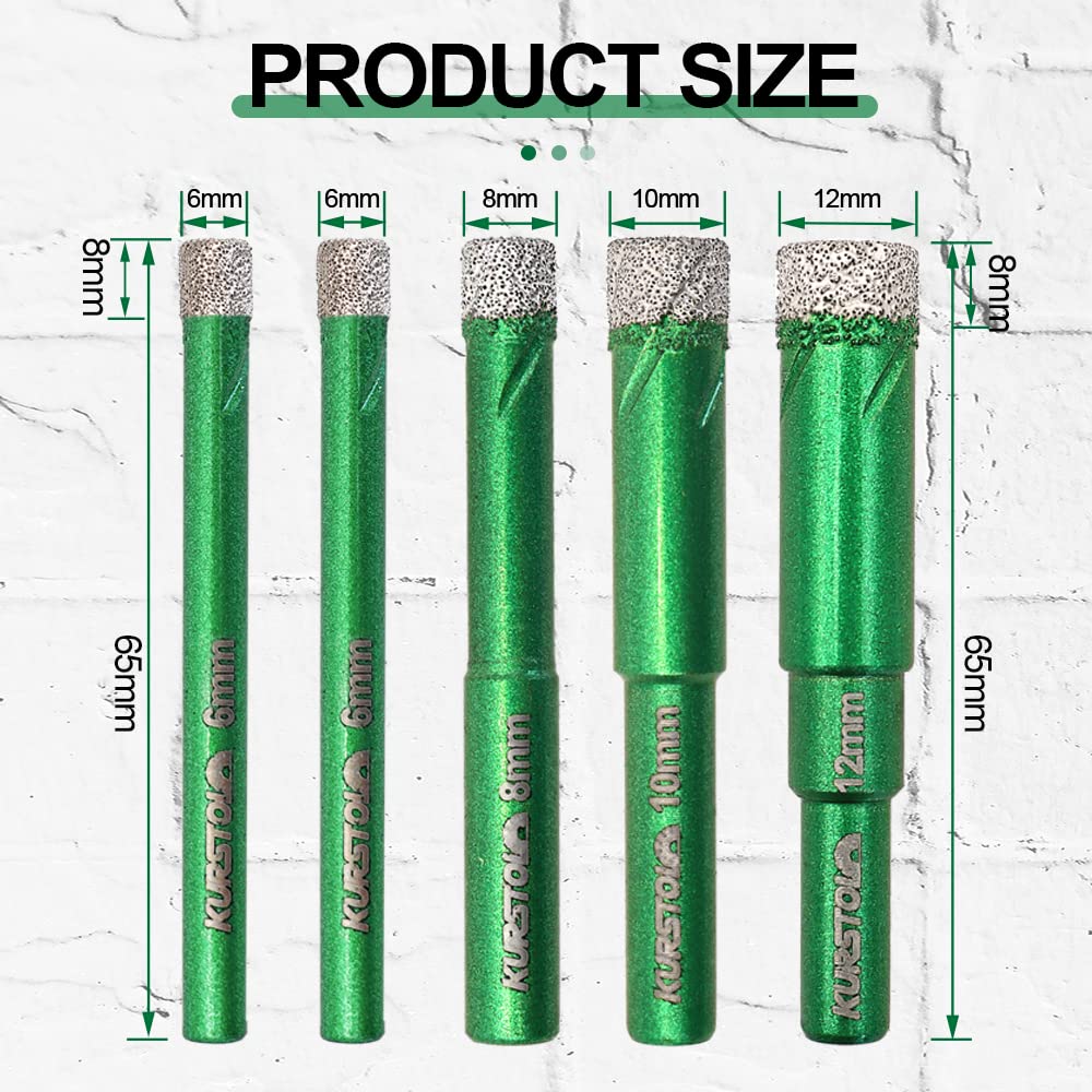 Dry Diamond Drill Bit Set - Diamond Tipped Hole Saw Bit for Porcelain Tile Ceramic Marble Granite Stone,Diamond Core Drill Bit Kit Round Shank Fixed on Drills,2 Sets No.K4(6/6/8/10/12mm)