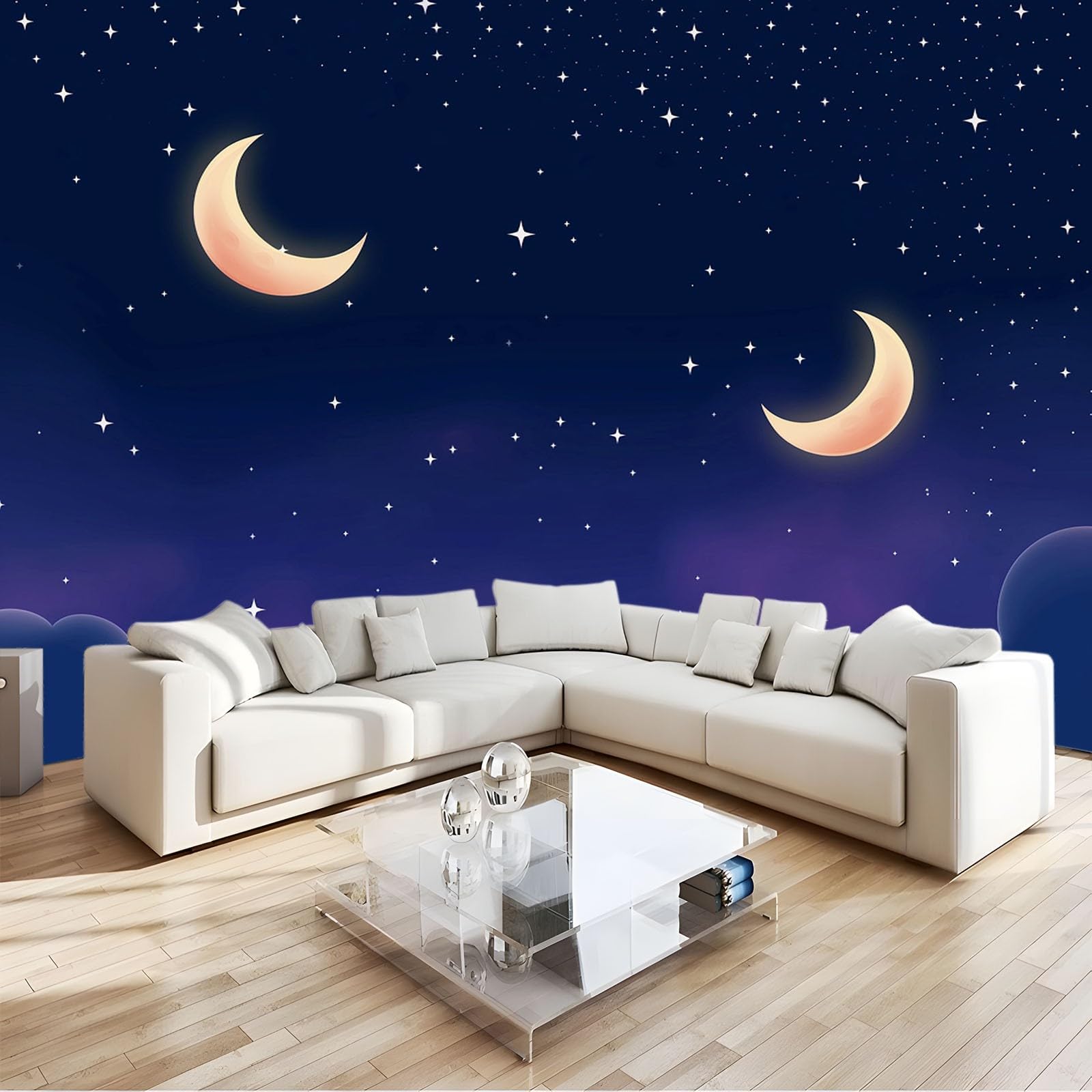 Papier peint panoramique 3D chambre enfant lune et étoiles bleu poster