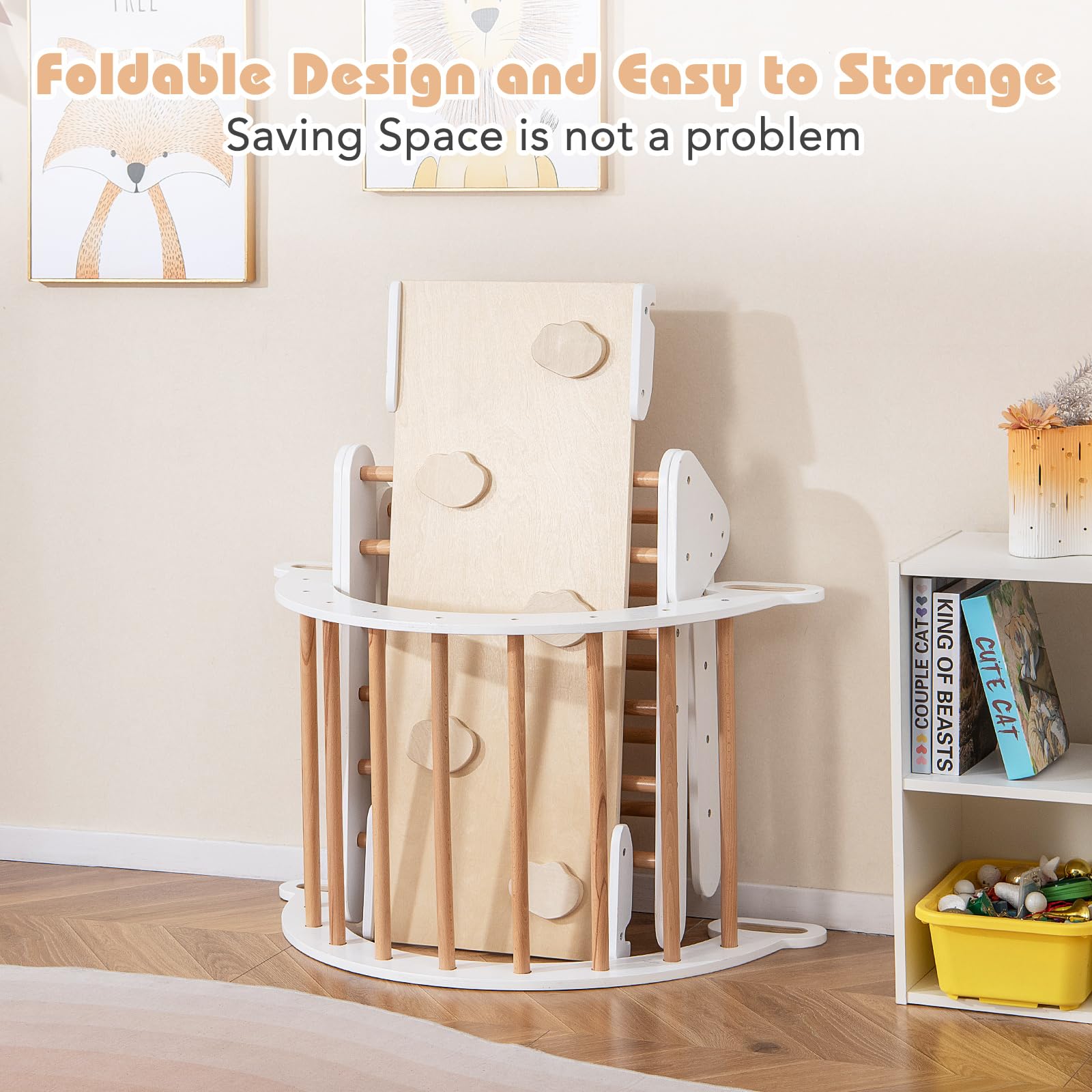 FANTASK 4 in 1 Klettergerüst mit rutsche, Kletterdreieck Holz inkl. doppelseitige Rampe & Kletterboge & Wippen, Sprossendreieck Spielplatz für Kinder ab 1 Jahr, Weiß