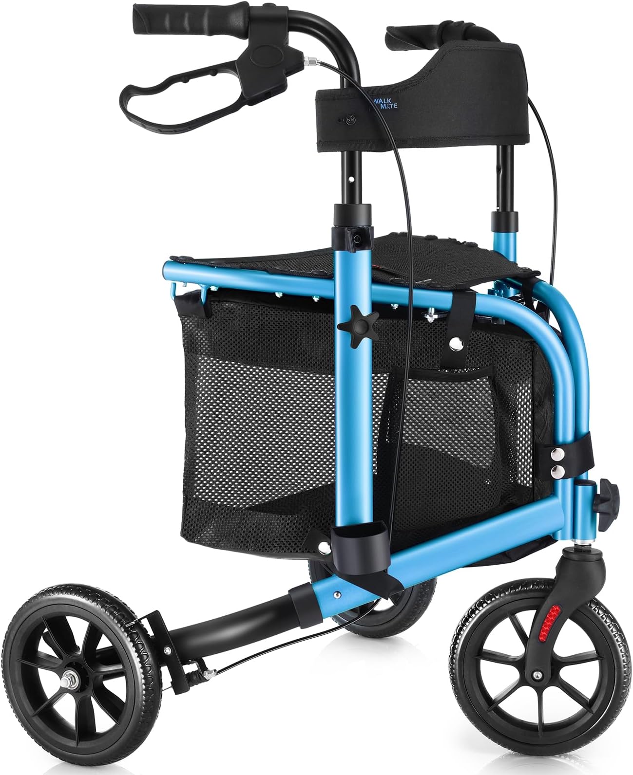Walk Mate 3 Wheel Rollator Walker with Seat for Slim Seniors, Padded Backrest Lightweight Foldable Travel Walker Ideal for Elderly, 8 Inch Tri-Wheel Modern Mobility Walking Aid Aluminum, Blue