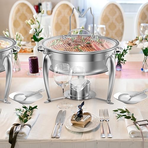 Miniatura 9 de Juego de 6 cuartos de galón con cucharas para servir, 2 paquetes de platos redondos de acero inoxidable con tapa de vidrio y soporte de tapa,