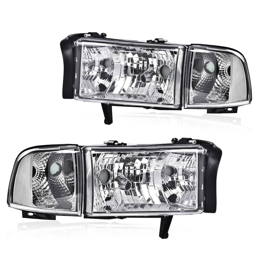 CNNELL Headlights Compatible with Dodge Ram 1500 2500 3500 1994-2002 Head Lamp Driver & Passenger Side Clear lens Chrome Housing Clear Reflector 55076749AD 55076748AD 55076749AO