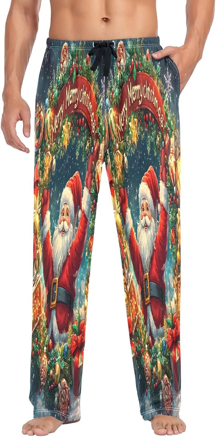 ALAZA Christmas Wreath Santa Claus Men's Pajama Pants Men Cotton Pajama Bottoms with Pockets, S