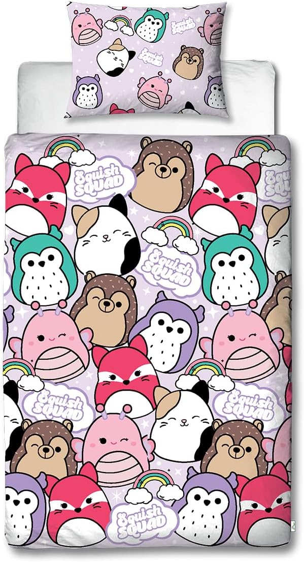 Character World Squishmallows Official Single Duvet Cover Set, Bright Design | Reversible 2 Sided Squish Squad Bedding Cover Official Merchandise Including Matching Pillow Case