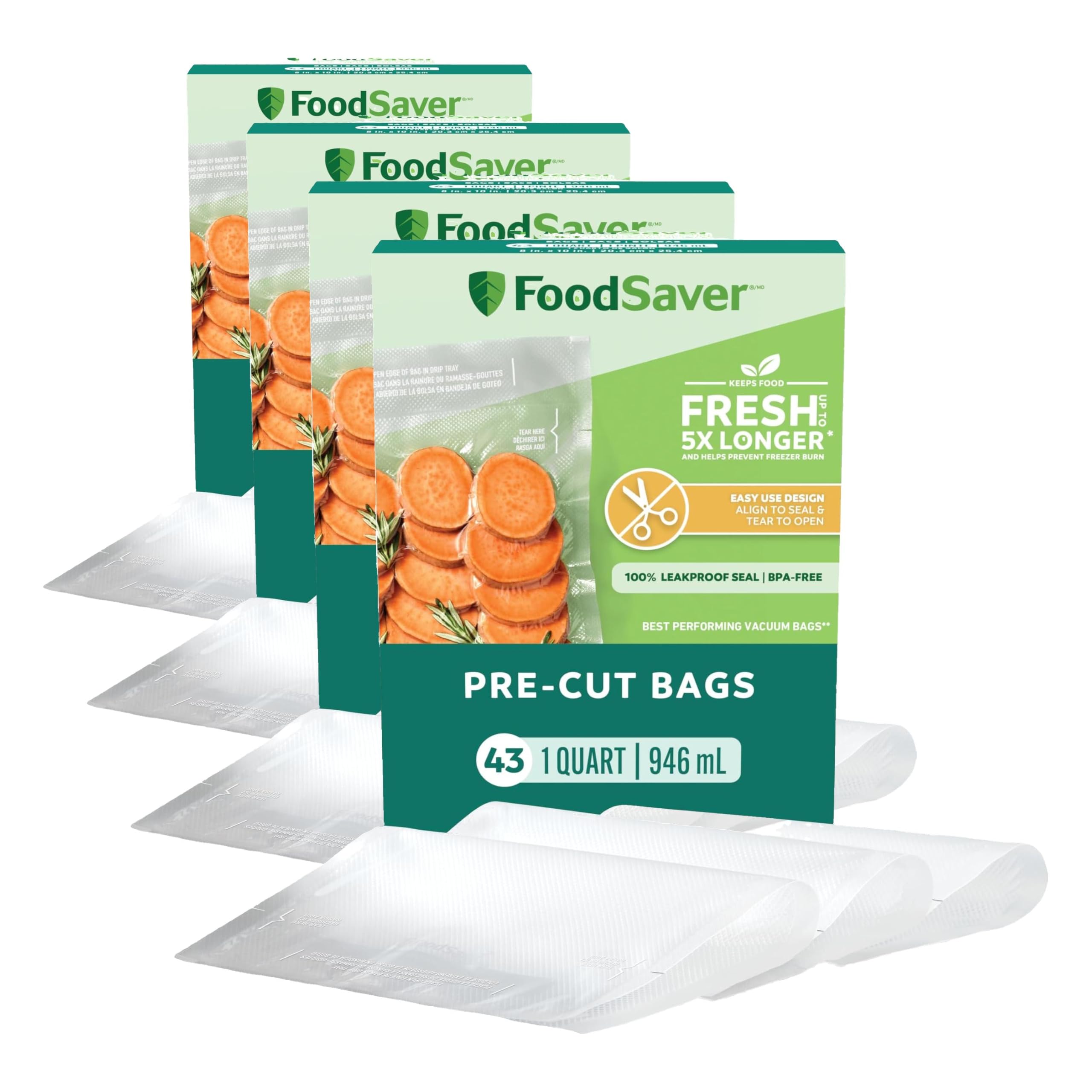 FoodSaver Quart Pre-Cut Vacuum Seal and Easy Use Storage Bags, Align to Seal and Tear to Open Vacuum Sealer Storage, Quart (43 Bags) (Pack of 4)