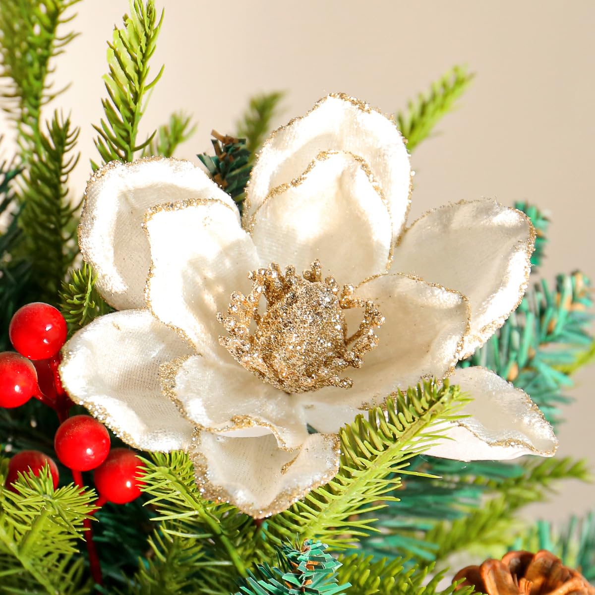 vctops Lot de 10 Fleurs artificielles à Paillettes pour Sapin de Noël, Nouvel an, fête de Mariage, Vacances - 16 cm - Blanc A