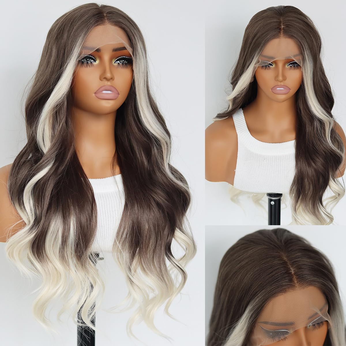 MACA BAKA Brown Ombre Platinum Blonde Long Wavy Synthetic Lace Front Wig Pre Plucked Skunk Stripe Highlight White Blonde Chocolate Brown Glueless 13x4
