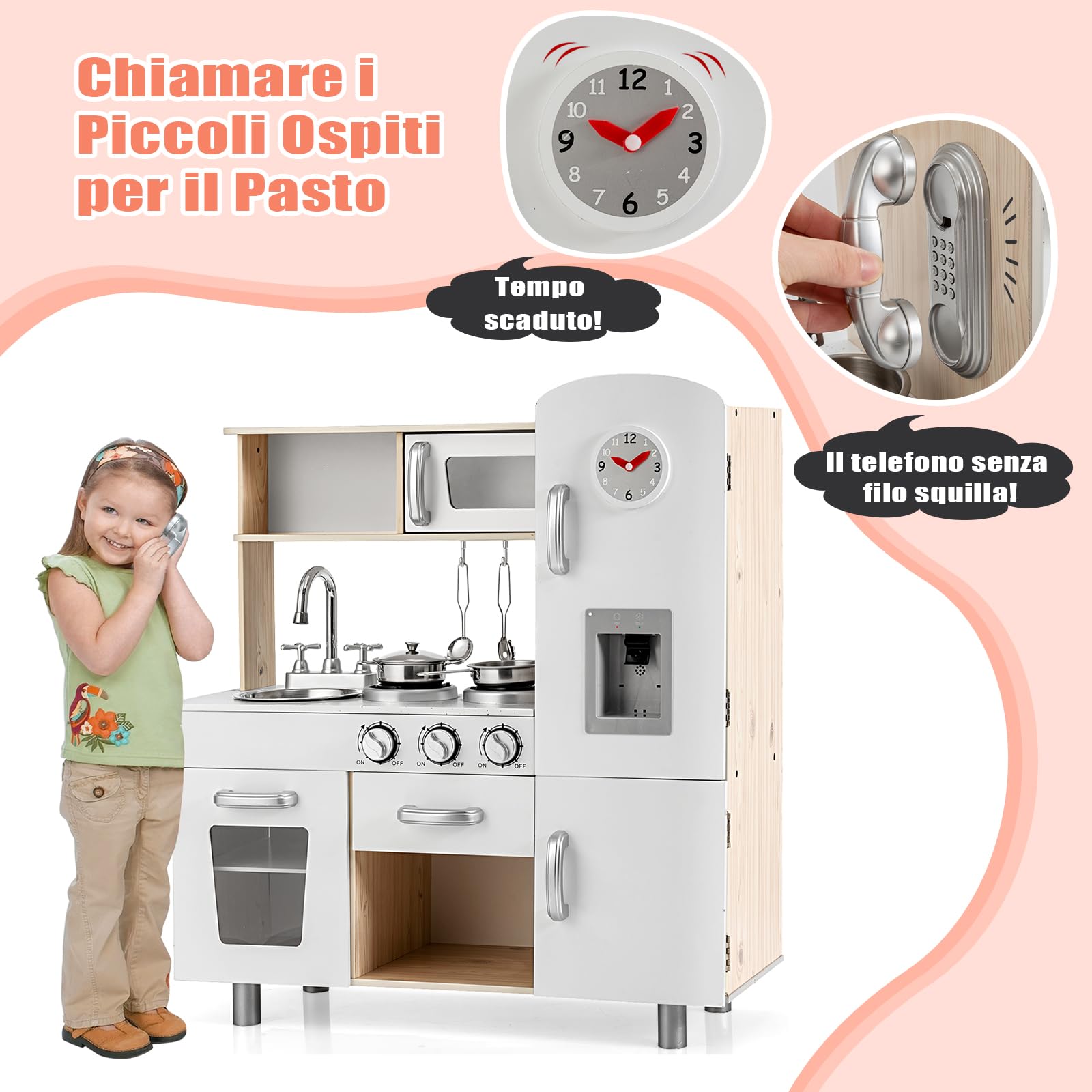 RELAX4LIFE Cucina Giocattolo per Bambini in Legno, Set da Cucina Ben Attrezzato con Microonde, Forno, Distributore d'Acqua, Frigorifero, Giocattolo Educativo per Bambini 3+ Anni (Bianco)