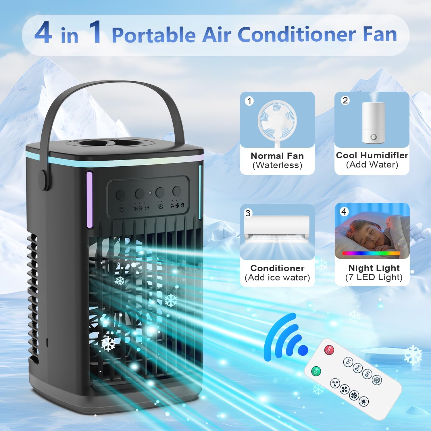 Portable Air Conditioners with Remote, 4-in-1 Portable AC with 1500ml Water Tank, 3 Wind Speeds, 6H Timer, 2 Cool Mist, 7 Lights, Personal Mini Air Conditioner for Room Bedroom Offic