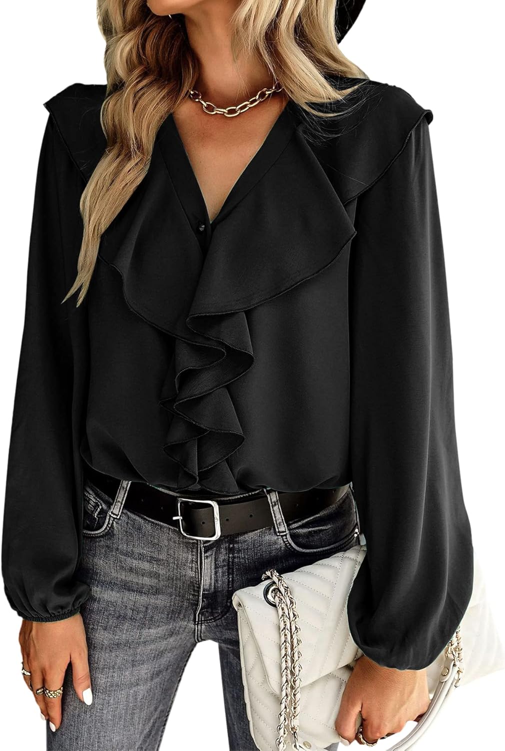 Vrtige Women's V Neck Ruffle Front Button Down Long Sleeve Blouse Top Shirt - Image 5
