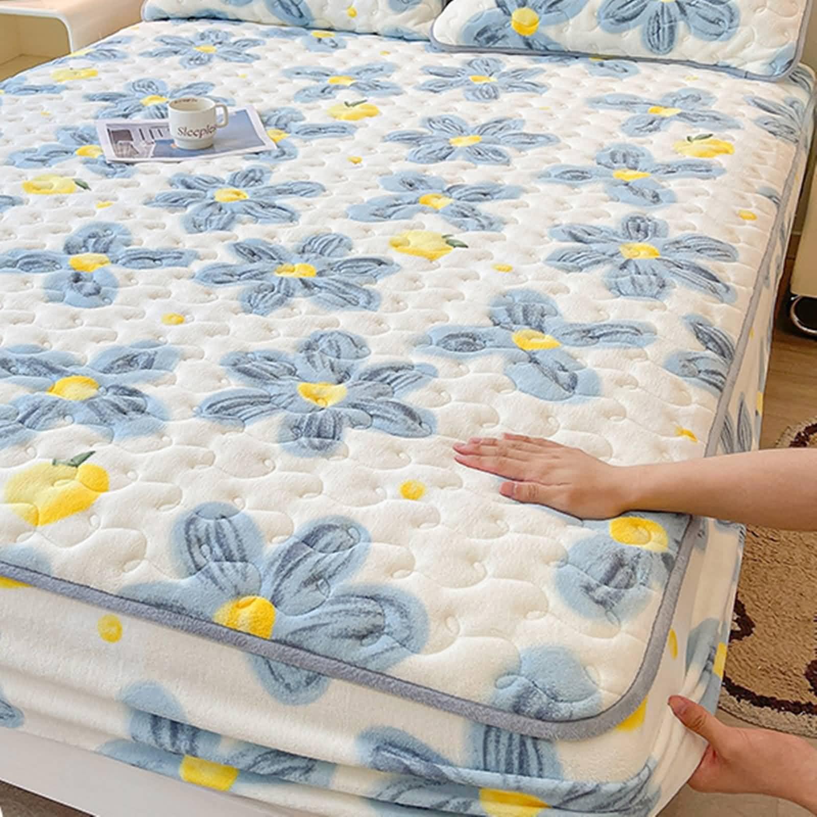 Daesar Prześcieradło z gumką 90 x 200 x 30 cm, prześcieradło z gumką mleczny aksamit zimowy wzór słoneczników miękkie, oddychające, można prać w pralce, niebiesko-żółte