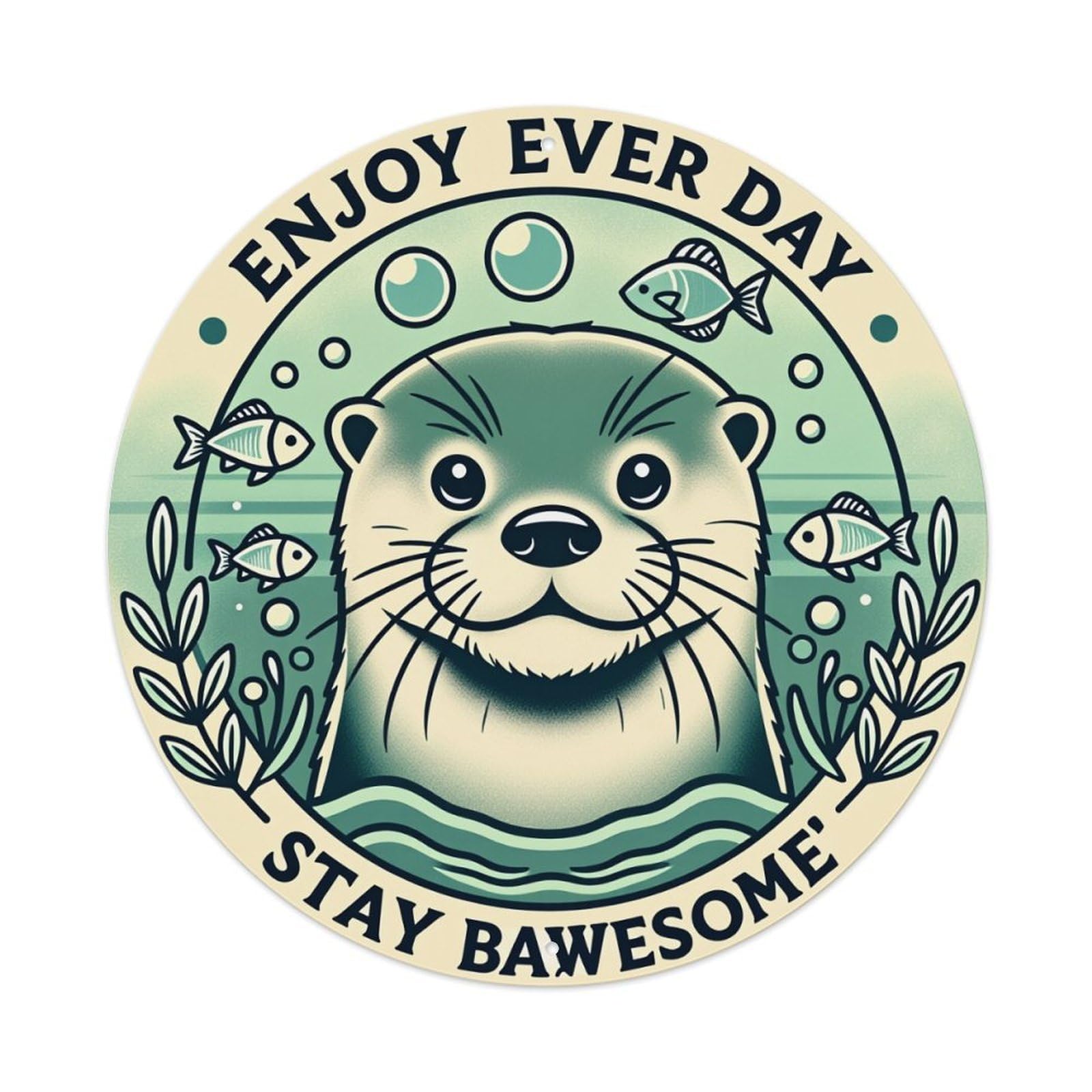 Otter Fish Bubbles Water Leaves Round Tin Sign Vintage Style Metal Sign Home Bar Garden Wall Plaque Decor Metal Poster 8x8 Inch