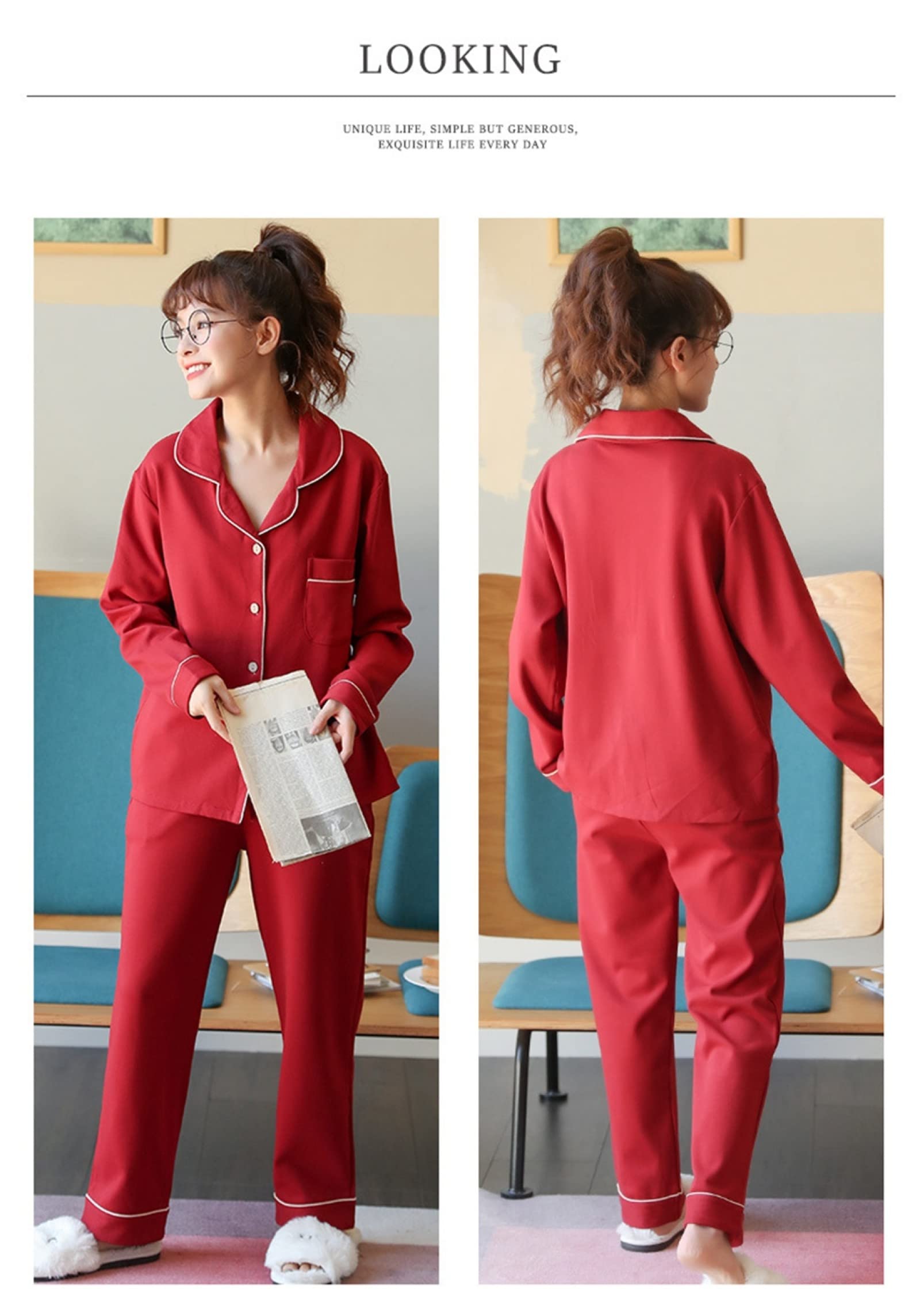 Pijamas de Franela para Invierno y otoño para Mujer y Hombre, Conjuntos de Pijama de 2 Piezas para Mujer, de algodón, de Manga Larga, con Solapa, Sencillos, Rojos, Informales, para